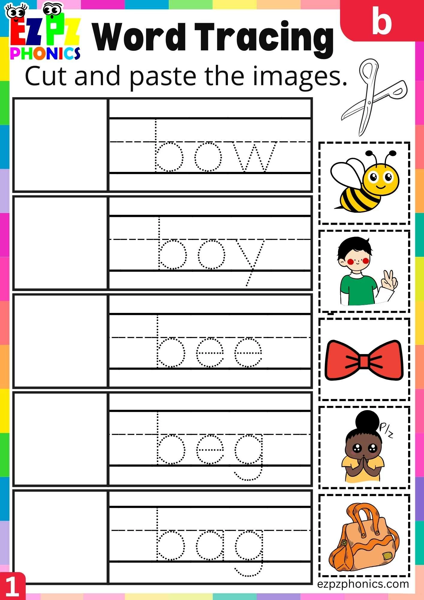 Letter b Word Tracing Cut and Paste Beginning Sounds Worksheet 